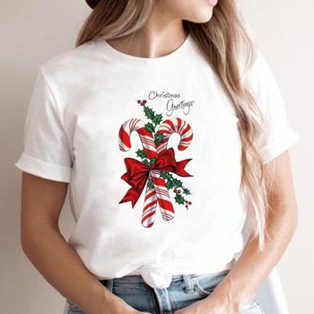 Koszulka damska z nadrukiem Cartoon Graphic Holiday Tshirt Happy Season Winter 2022 New Year, Merry Christmas