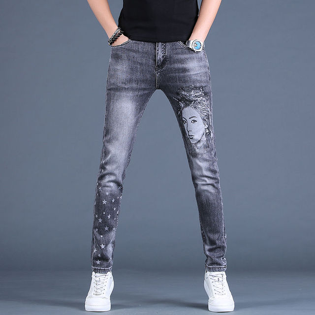Koreańskie męskie szlachetne szare dżinsy - dopasowane, lekkie, luksusowe, z nadrukiem, stylowe i uliczne - tanie ubrania i akcesoria