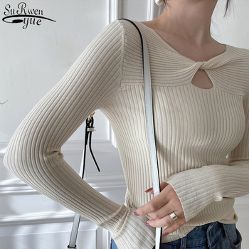 Nowy Sweter Damski Wiosna i Jesień Twist Hollow V-neck - Długi Rękaw (Solidna Slim Sexy Damska Dzianina)