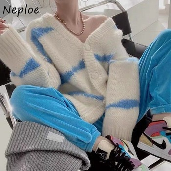 Kardigan koreański dla kobiet, model 2021, luźny i wygodny, sweter rozpinany z dekoltem w serek