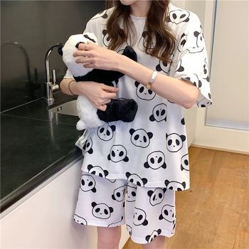 2021 Letnia piżama dla kobiet - Panda Cartoon, krótki rękaw + krótkie spodnie, bielizna nocna Homewear z szortami