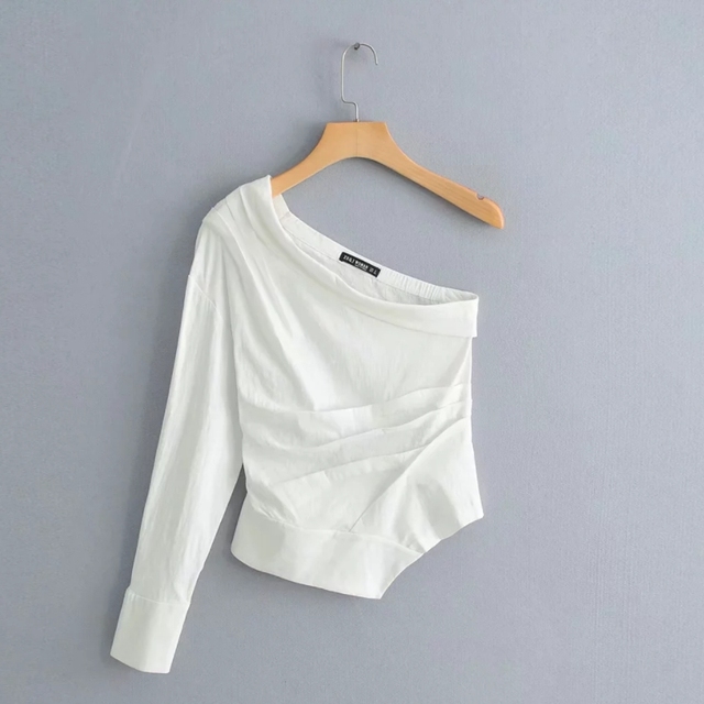 Asymetryczna damska koszula plisowana z długim rękawem – biała bluzka o casualowym stylu, elegancki kołnierz – Streetwear S5526 - tanie ubrania i akcesoria