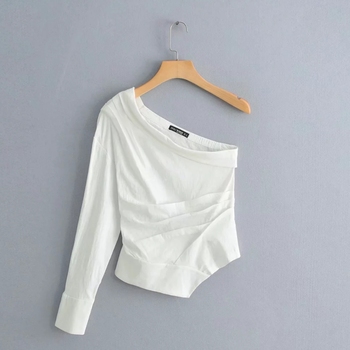 Asymetryczna damska koszula plisowana z długim rękawem – biała bluzka o casualowym stylu, elegancki kołnierz – Streetwear S5526