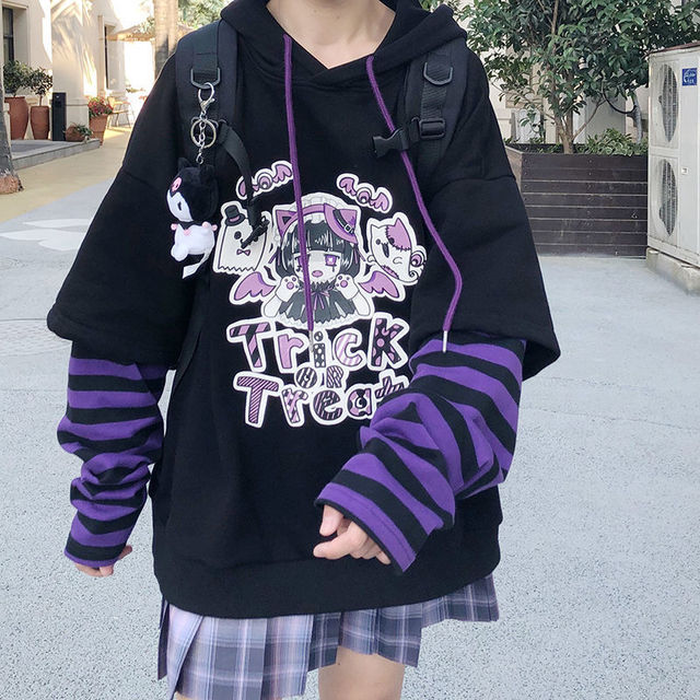 Gothic K-pop bluza z długim rękawem z Anime dla kobiet w koreańskim stylu, ponadgabarytowa, ponadgabarytowa, dziewczęca Kawaii bluza z dresu, czarny kaptur - tanie ubrania i akcesoria