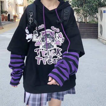 Gothic K-pop bluza z długim rękawem z Anime dla kobiet w koreańskim stylu, ponadgabarytowa, ponadgabarytowa, dziewczęca Kawaii bluza z dresu, czarny kaptur