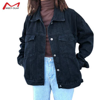 Kurtka dżinsowa z długim rękawem dla kobiet - Modna, luźna i czarna jesienno-zimowa kurtka damska bf (boyfriend) topy CA3398