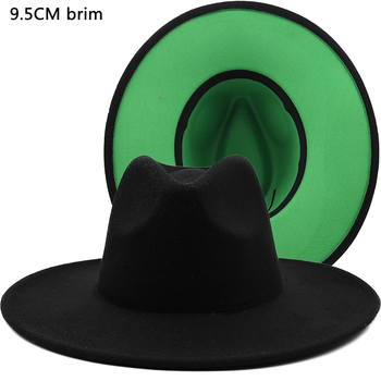 Nowy czarny kapelusz Fedora zewnętrzny i zielony wewnętrzny, wykonany z filcu wełnianego. Stylowy design z cienkim paskiem, ozdobiony klamrą. Dla mężczyzn i kobiet, o szerokości brzegu 9.5 cm. Rozmiar 56-58 cm
