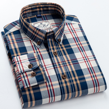 Męska koszula bawełniana w kratę z długim rękawem - klasyczny styl, nadający się zarówno do biznesu, jak i wypoczynku - rozmiary S-4X