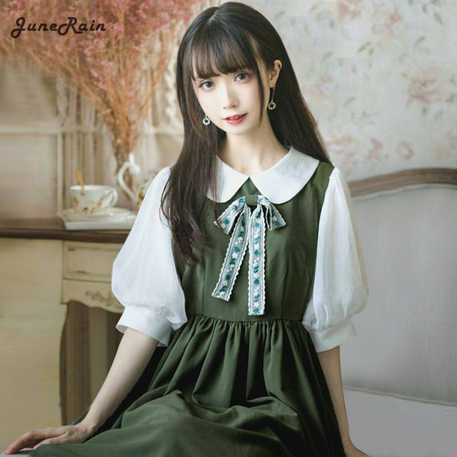 Nowoczesna zielona sukienka Lolita JuneRain Gable Anne Op lato świetna na letnią szkołę i codzienne noszenie, elegancka i urocza japońska bańka renesansowa - tanie ubrania i akcesoria
