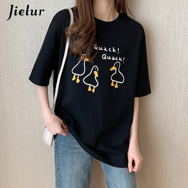 Koszulka damska Jielur z nadrukiem kaczki, krótki rękaw, bawełniana, czarno-biała, w stylu Harajuku - tanie ubrania i akcesoria