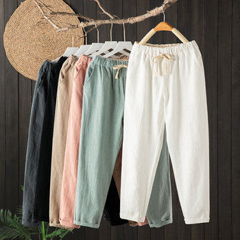 Wiosenne letnie spodnie capri dla kobiet w stylu vintage, wykonane z bawełnianej i lnianej tkaniny - luźne i wygodne mama jednokolorowe