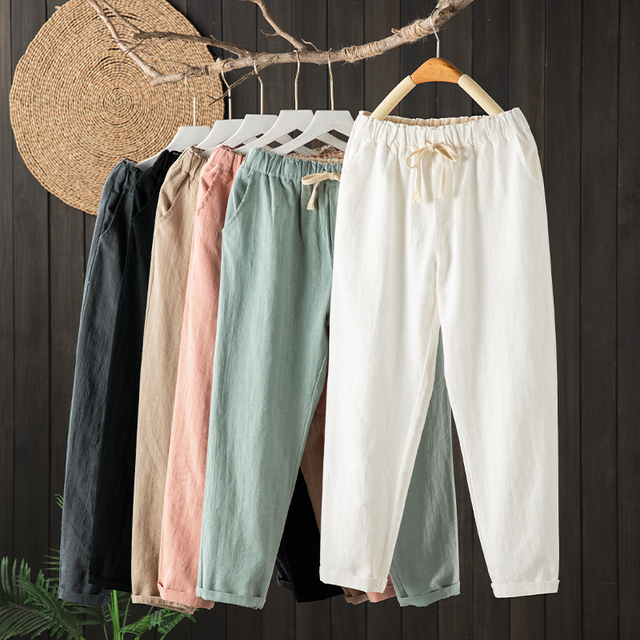 Wiosenne letnie spodnie capri dla kobiet w stylu vintage, wykonane z bawełnianej i lnianej tkaniny - luźne i wygodne mama jednokolorowe - tanie ubrania i akcesoria