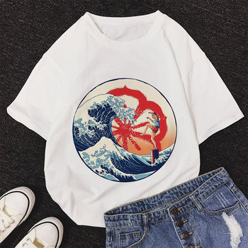 Fale wydruk graficzny T-shirt kobiecy w białym kolorze, inspiracja Harajuku, nowa moda letnia w stylu japońskim