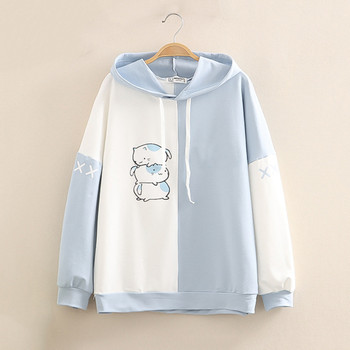 Bluza z kapturem Harajuku kot kreskówka Baby Blue - bluza zimowa dla kobiet, słodka i ciepła, nadruk z kapturem Kawaii