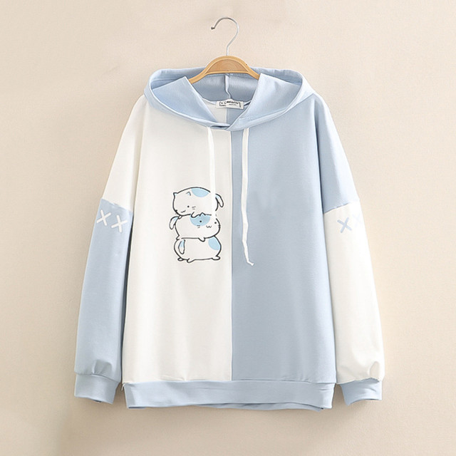 Bluza z kapturem Harajuku kot kreskówka Baby Blue - bluza zimowa dla kobiet, słodka i ciepła, nadruk z kapturem Kawaii - tanie ubrania i akcesoria