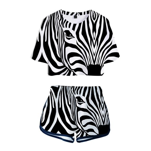 Koszulka damska 3D z nadrukiem zebrą i przyciskiem na brzuchu + spodenki w zestawie - najnowszy trend mody 2020 - tanie ubrania i akcesoria