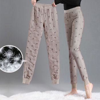 Spodnie damskie Plus Size bawełniane puchowe zimowe - ciepłe, termiczne, smukłe, ołówkowe, wysoka talia, nadruk, zagęszczanie - X602