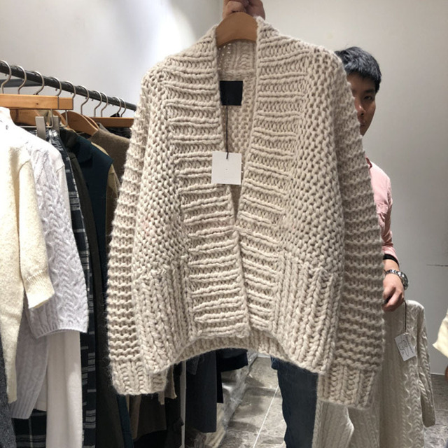 Damski rozpinany jesienno-zimowy sweter dziergany Vintage, gruba dzianina, dopasowany, kolor jednolity - tanie ubrania i akcesoria