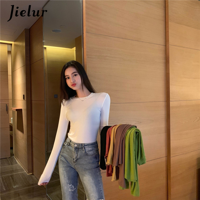 Koszulka damska z długim rękawem Jielur Pure Color O-neck - czarna, prosta, wąska, hipsterska, top 2021 - 6 kolorów - tanie ubrania i akcesoria