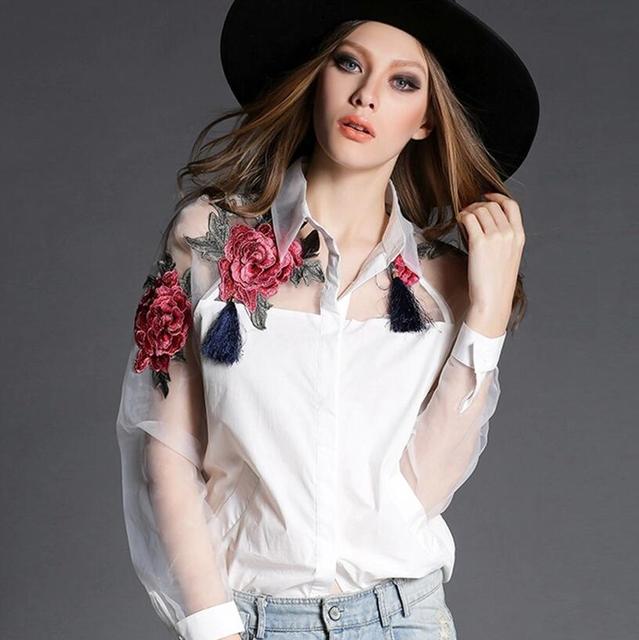 Koszula damska z organzy z haftowanymi kwiatami i długimi rękawami. Dostępna w rozmiarach S-3XL - tanie ubrania i akcesoria