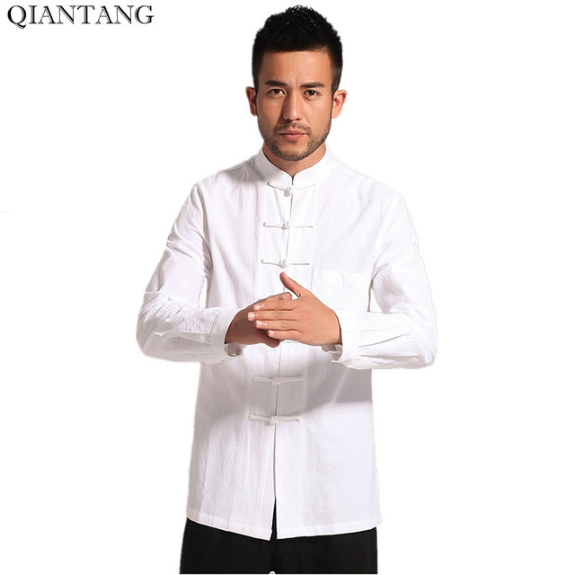 Koszula bawełniana Kung Fu styl Tang, długi rękaw, kolor biały, rozmiar S-XXXL - tanie ubrania i akcesoria