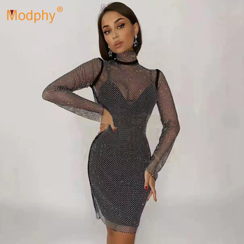 Seksowna czarna siateczka diament 2-sztuka bandaż sukienka z długim rękawem na szyję - jesień 2021 moda kobieta Bodycon Mini Vestido