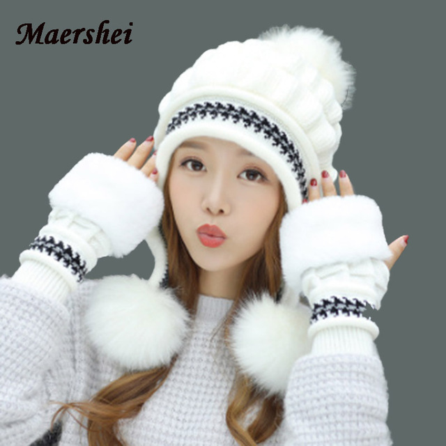 Czapka damska zimowa MAERSHEI Hot Ski Girl - ciepła dzianinowa czapka z dużym pomponem i skórkami na rękawiczkach - tanie ubrania i akcesoria