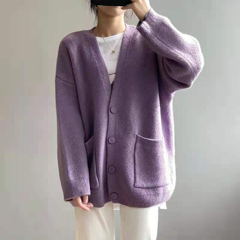 Długi fioletowy sweter kardigan oversize z guzikami i kieszeniami dla kobiet