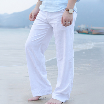 Luźne spodnie męskie z lnem i bawełną w stylu casual z szerokimi nogawkami i elastycznym pasem - rozrywka plażowa, moda na jesień i lato (M-3XL)