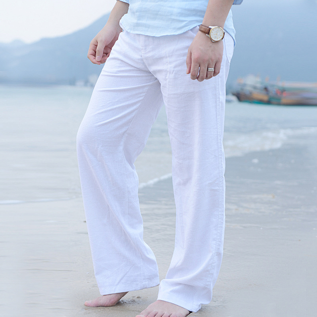 Luźne spodnie męskie z lnem i bawełną w stylu casual z szerokimi nogawkami i elastycznym pasem - rozrywka plażowa, moda na jesień i lato (M-3XL) - tanie ubrania i akcesoria