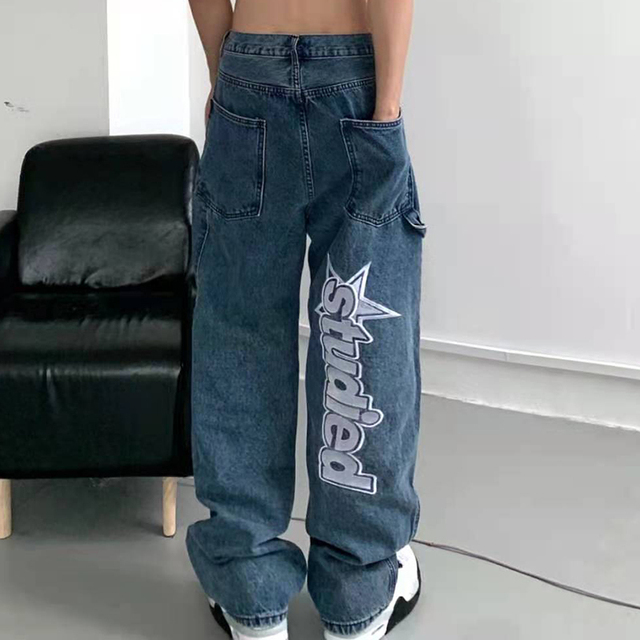 Dżinsy damskie Y2K w stylu retro z wyszywanymi luźnymi literami, proste, wysokiej talii - Harajuku streetwear - tanie ubrania i akcesoria