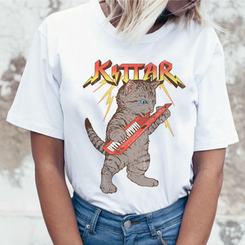 Damska koszulka z nadrukiem kawaii kot w stylu 90s - urocza, zabawna i modna