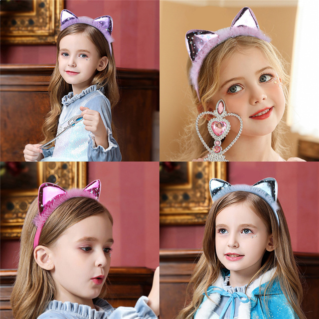Opaska z koroną w kształcie uszu kota, ozdobiona brokatem i cekinami, idealna dla uroczych dziewcząt i dorosłych osób - tanie ubrania i akcesoria