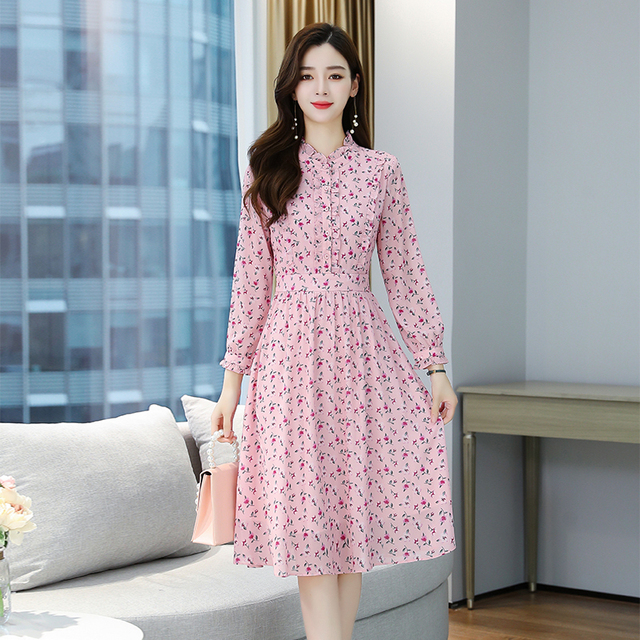 Sukienka długie rękawy w koreańskim stylu z falbanami i kwiatowym wzorem + kolor różowy - tanie ubrania i akcesoria