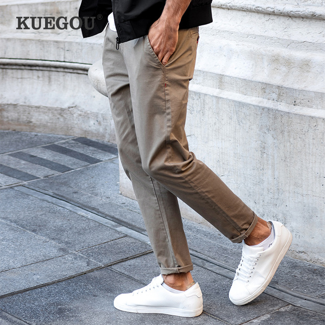 Bawełniane męskie długie spodnie Khaki - KUEGOU 2021. Klasyczny slim fit. Idealne na co dzień i do pracy. Moda jesień 2997 - tanie ubrania i akcesoria