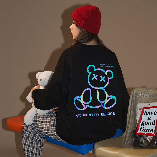 Bluza z kapturem 2021 zima Harajuku dla kobiet odblaskowy nadruk niedźwiedzia O-Neck - tanie ubrania i akcesoria