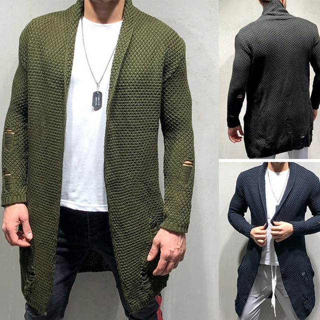 Kardigan sweter męski - Zielony, długi, Streetwear, Slim Fit - tanie ubrania i akcesoria