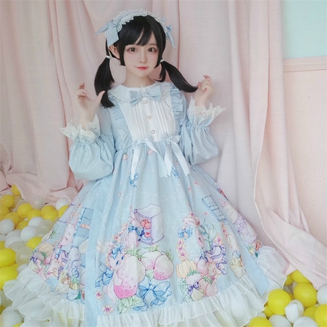 Jesienne Lolita - Sukienka dziewczęca z miękkiej tkaniny w stylu japońskim z kokardką, falbanami i koronkowymi rękawami - tanie ubrania i akcesoria