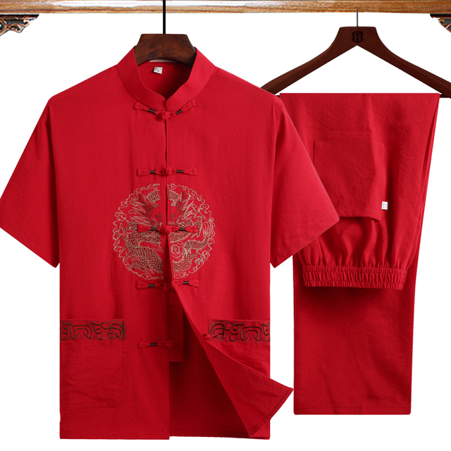 Męski strój Tang z krótkim rękawem 4XL w stylu chińskiego haftu - tanie ubrania i akcesoria