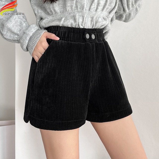 Mini szorty damskie Booty 2021 w stylu koreańskim – szerokie nogawki, wysoki stan, kolor czarny, dwie kieszonki, Chenille Short Femme - tanie ubrania i akcesoria