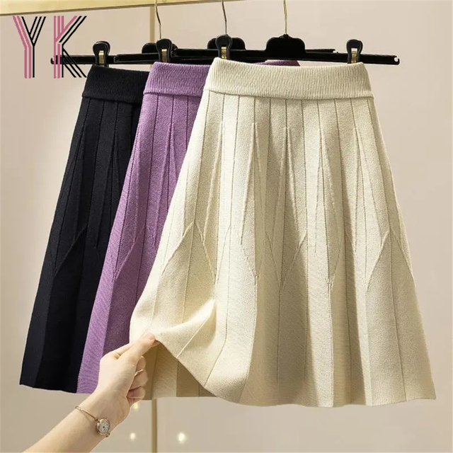 Elastyczna dzianinowa spódniczka o wysokiej talii w jednym kolorze, koreańska moda, plisowane trapezowe spódnice, biały lub czarny, na jesień, dla kobiet - tanie ubrania i akcesoria