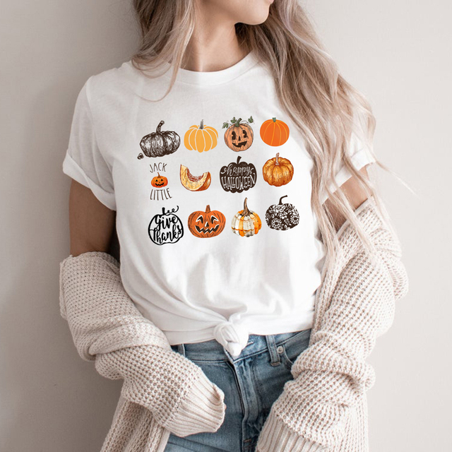 Koszula unisex z dynią Jack O Lantern - jesienne prezent dla kobiet na Halloween, Harajuku, krótki rękaw, śliczna grafika - tanie ubrania i akcesoria
