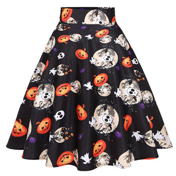 Spódnica Retro 50S Vintage Hepburn z motywem czaszki Halloween Goth ze wzorem dyni - styl Rockabilly Pin Up