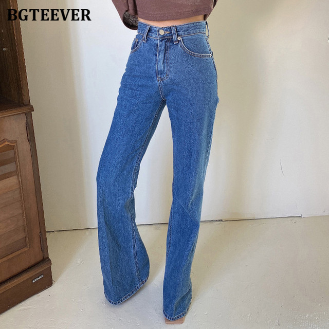 Damskie spodnie jeansowe BGTEEVER - wygodne, proste, wysoki stan, szerokie nogawki, jesień 2021 - tanie ubrania i akcesoria