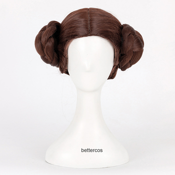 Księżniczka Leia organza Solo peruka do Cosplay - krótka brązowa żaroodporna syntetyczna peruka z czapką