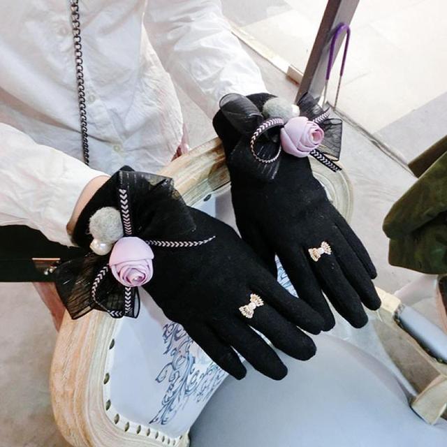 Rękawiczki damskie kamelia retro małe kadzidło, zimowe, grube, ciepłe, z wiatrówką, koreański styl, do ekranu dotykowego - tanie ubrania i akcesoria