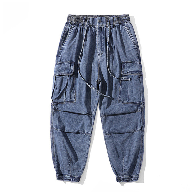 Męskie dżinsy Cargo z kieszeniami, luźne spodnie hip-hopowe M-2XL, 100% bawełna - tanie ubrania i akcesoria