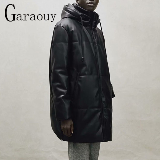 Nowa zimowa kurtka z kapturem usztywnianym PU dla kobiet - Faux Leather, luźny płaszcz z suwakiem, ciepła i długa kurtka – czarny - tanie ubrania i akcesoria