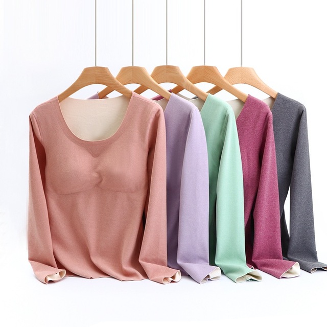Nowa 2021 zima - długa koszula damska z długimi rękawami i gorącym miseczkami na piersi, baza bielizny termicznej, wokół szyi - tanie ubrania i akcesoria