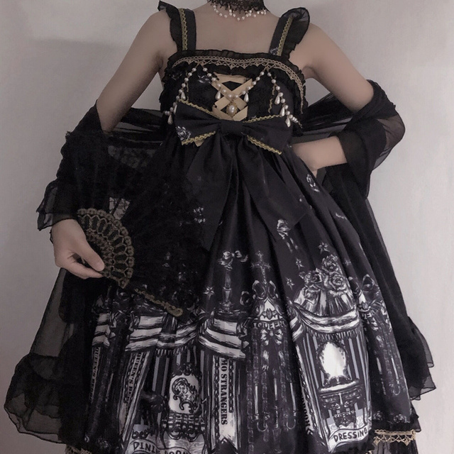 Czarna sukienka Sugar Girl w stylu lolita, gothic retro, japońska, słodka i urocza Kawaii, wystrojona w ciemny pasujący pas - tanie ubrania i akcesoria